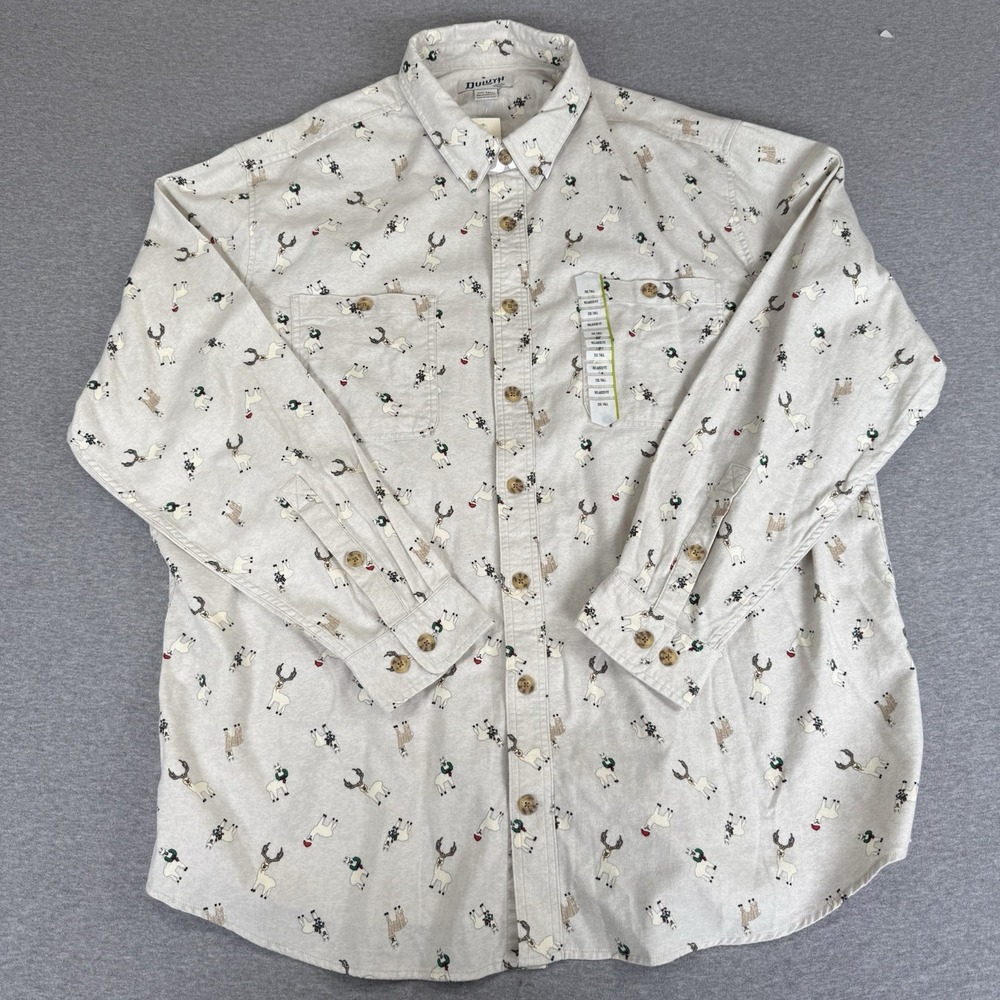Duluth Trading Co Christmas Llama Flannel Shirt Mens 2XLT Beige 52007 FLL New